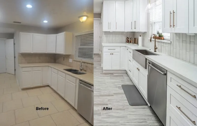 Before and after transformations with white cabinets