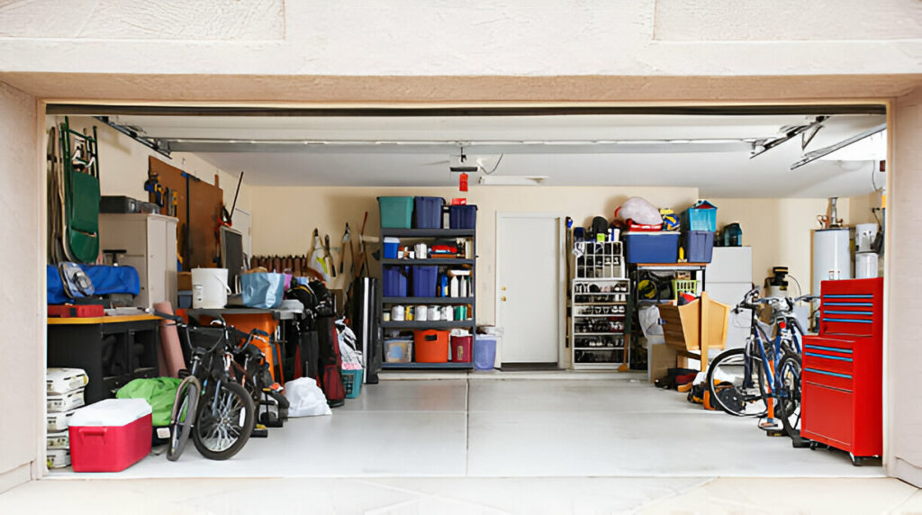 Organized residential garage with shelves, bicycles, storage bins, and tools.