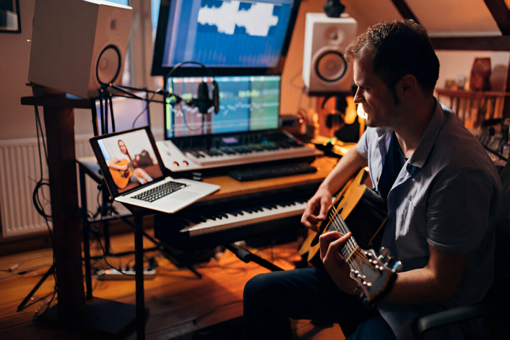 Home music studio with a musician playing guitar during an online lesson, surrounded by instruments and professional audio equipment