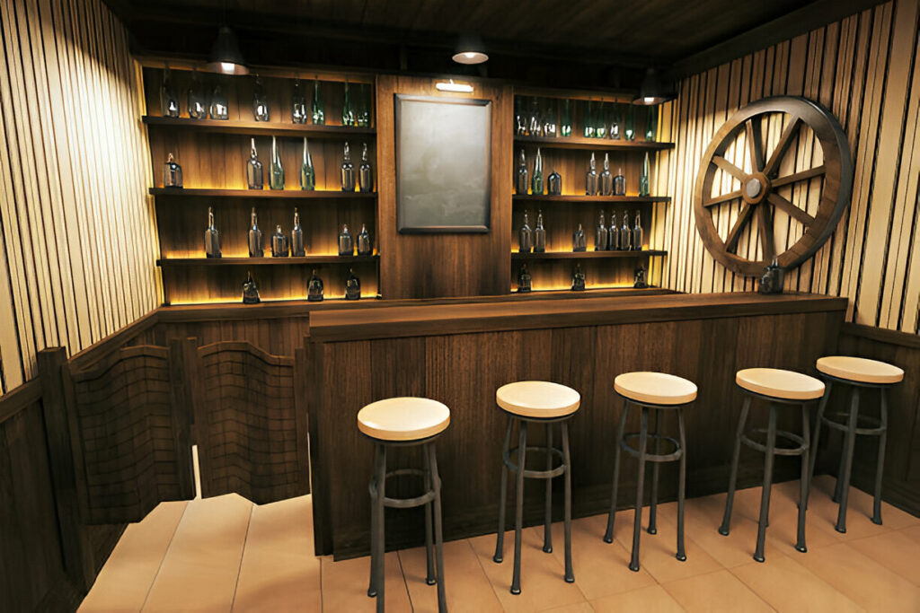 Rustic home bar with wooden shelves, a bar counter, stools, and warm lighting