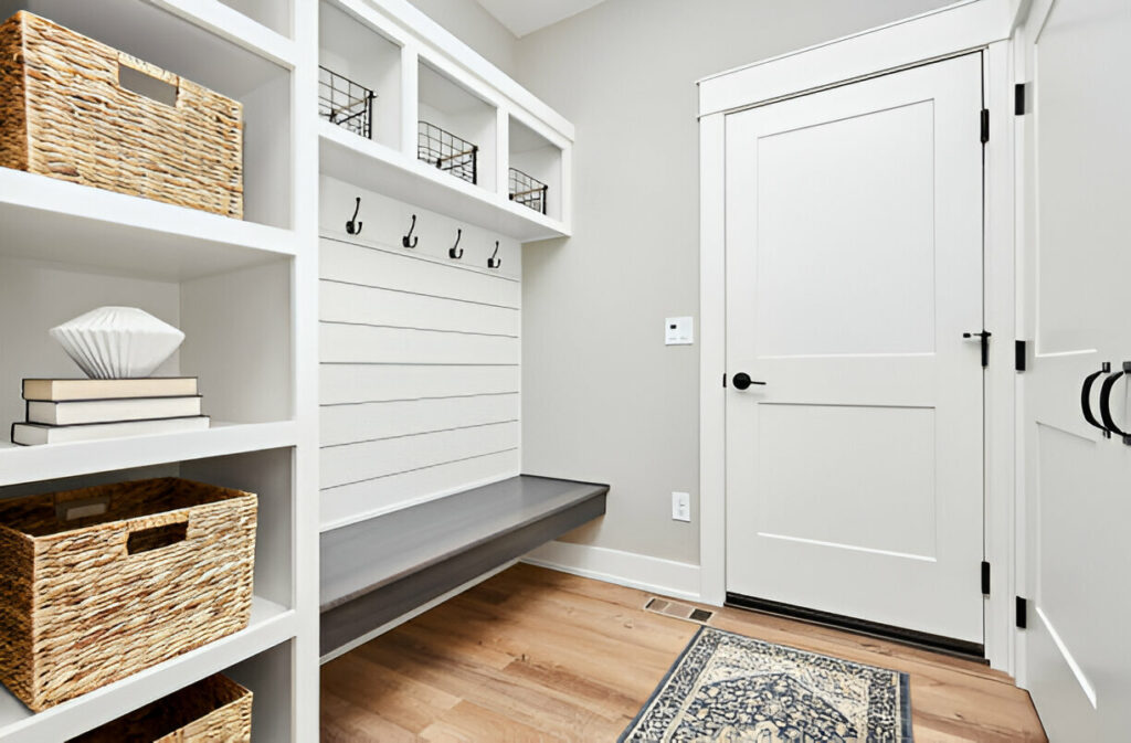 Modern farmhouse-style mudroom with built-in storage cubbies, hooks for coats, a bench, and woven storage baskets