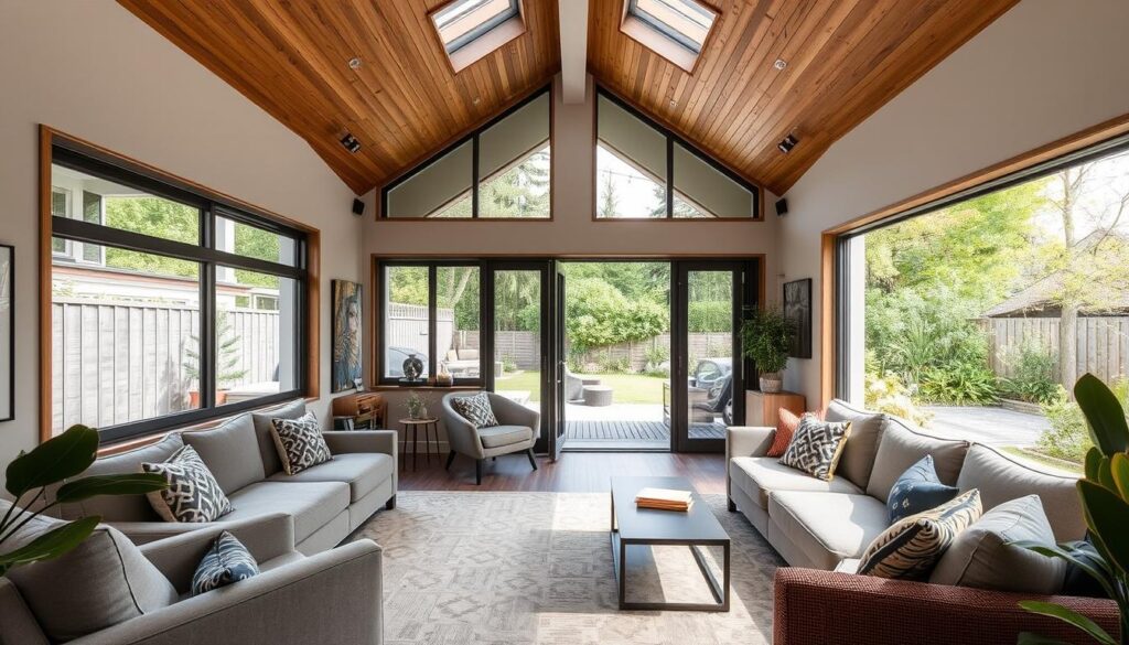 Modern sunroom with a vaulted wood ceiling, large windows, and sliding glass doors opening to a lush backyard. The space features neutral-colored sofas with patterned pillows, a sleek coffee table, and abundant natural light