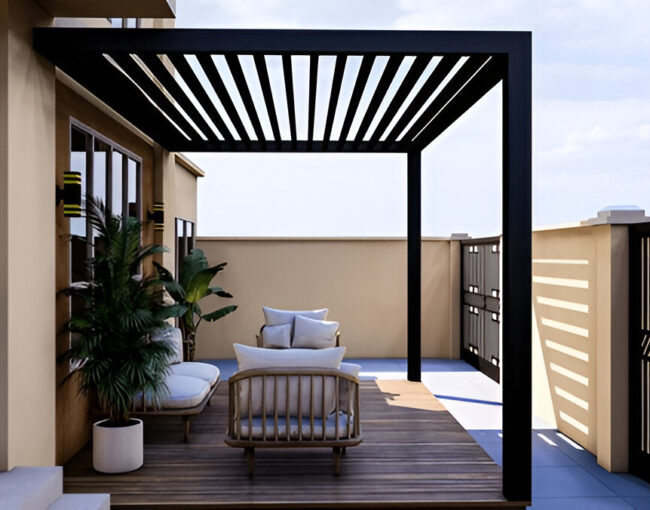 Minimalist rooftop patio with black pergola, wooden deck, and cozy seating