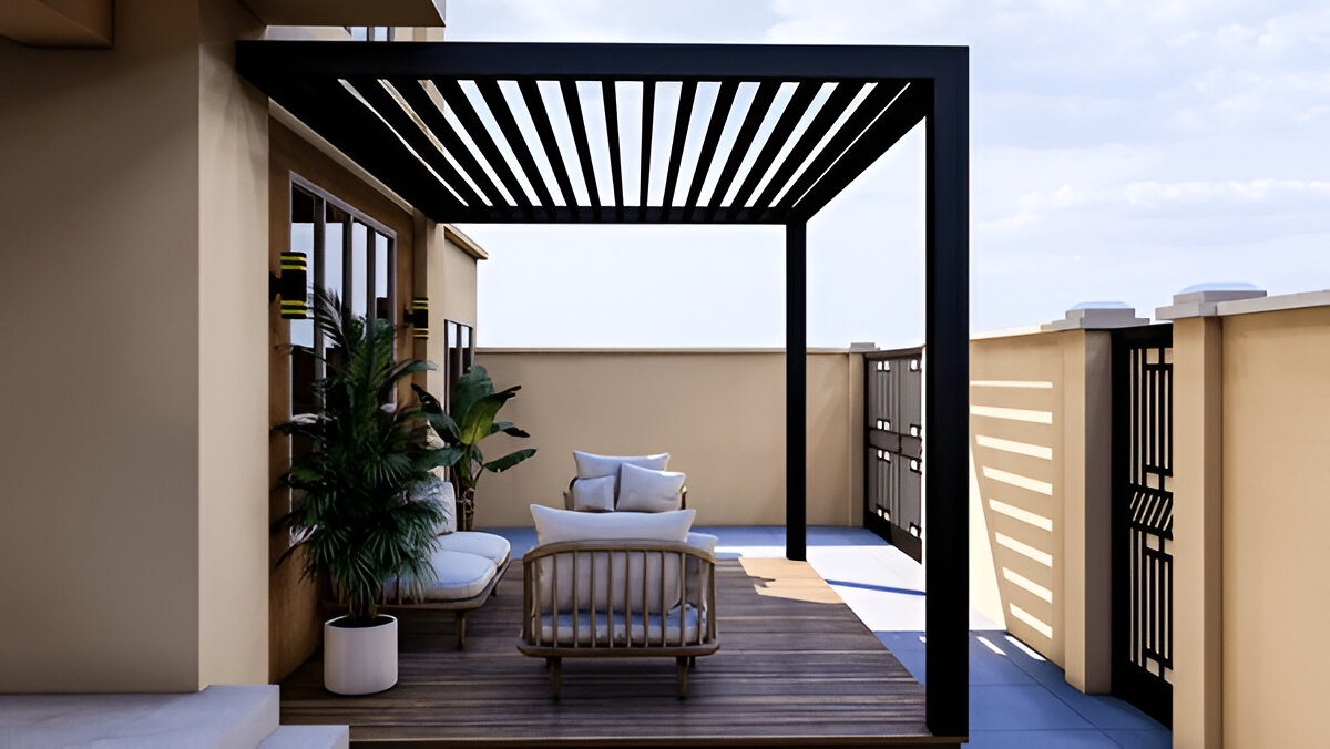 Minimalist rooftop patio with black pergola, wooden deck, and cozy seating