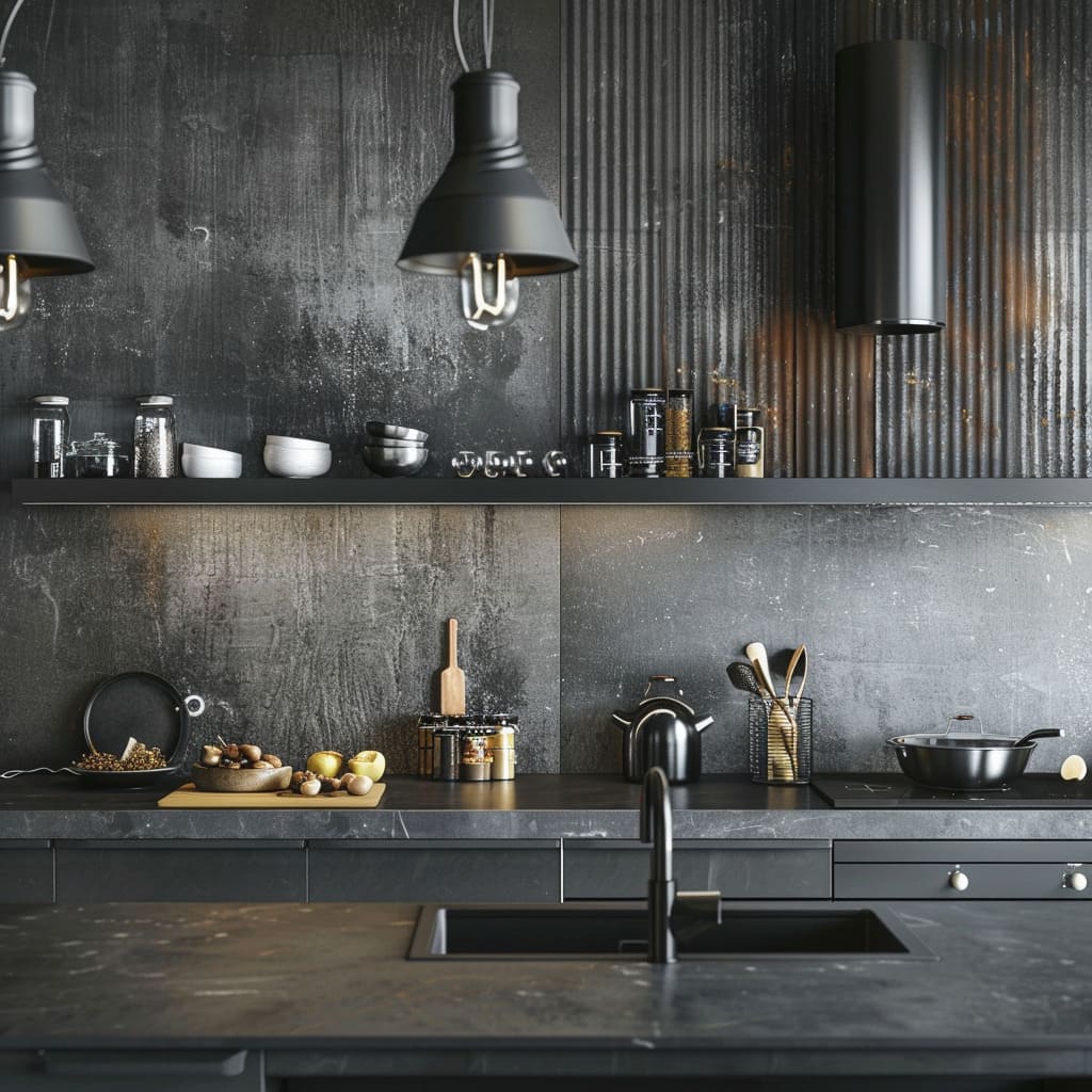 Modern-cooking-area-with-large-format-grey-tiles-adding-sleek-sophistication