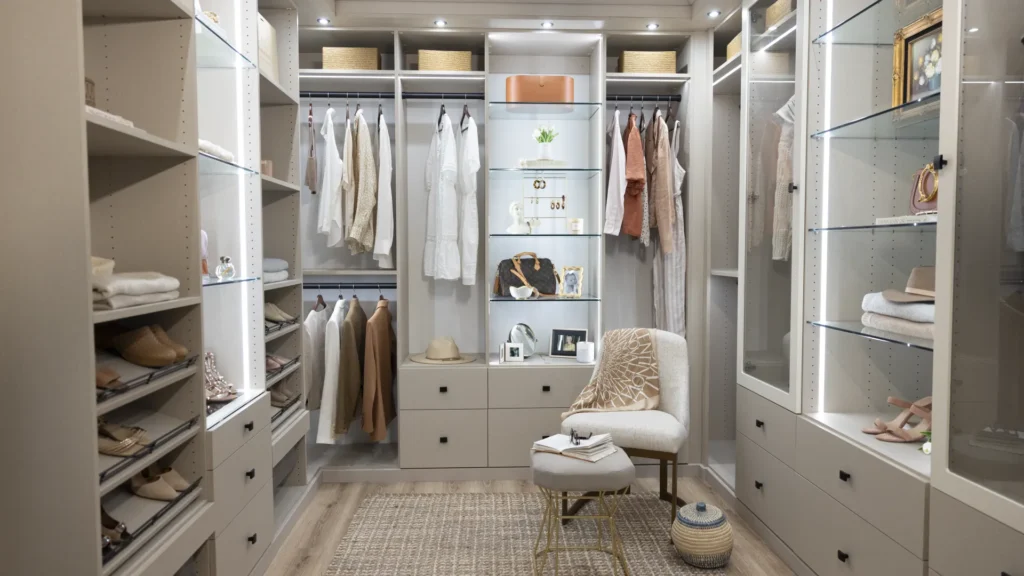 A sophisticated walk-in closet featuring organized shelves, hanging rods, and drawers in neutral colors, with a cozy chair and decorative elements