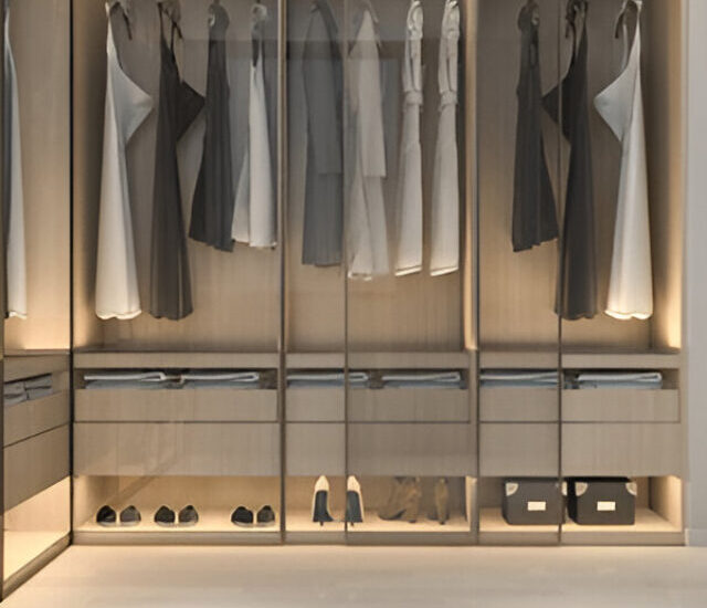 Elegant walk-in closet with glass-front cabinets, ambient lighting, and minimalist clothing organization