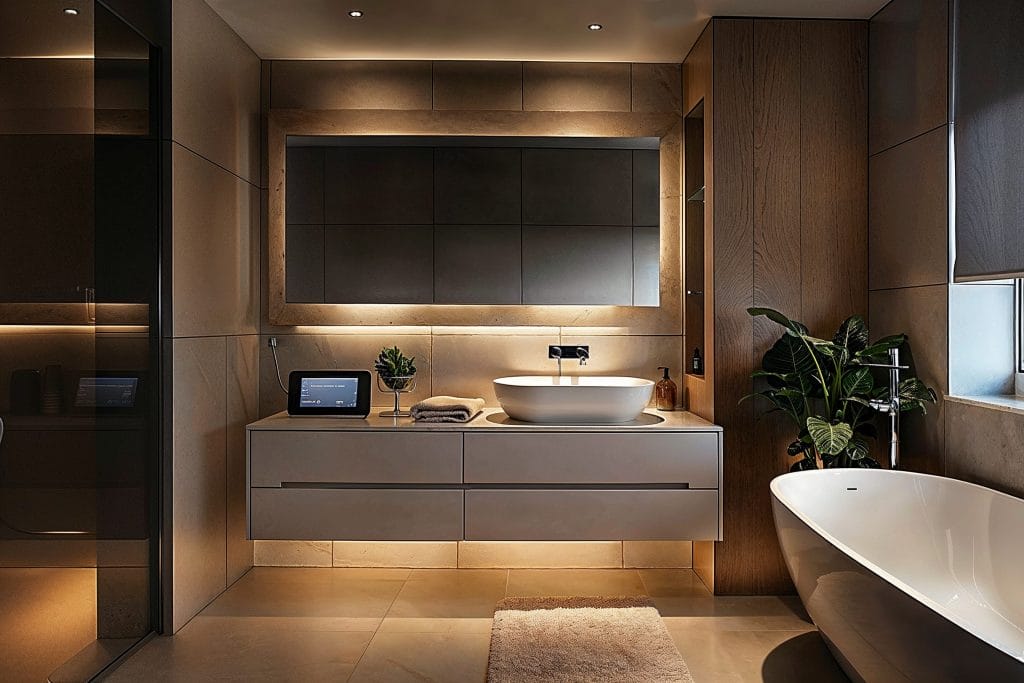 Smart Remodeling Solutions for Small Bathrooms 12 High-tech bathroom featuring a floating vanity with vessel sink, backlit smart mirror, freestanding bathtub, and ambient lighting