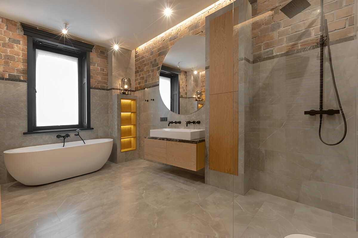 Industrial-style bathroom with freestanding tub and round mirror