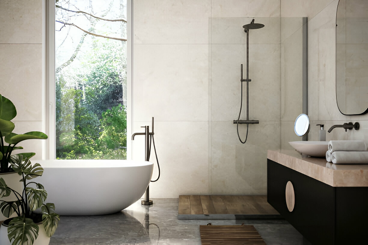 Minimal spa bathroom with freestanding tub and walk-in shower