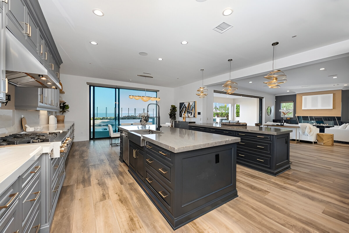 Spacious luxury kitchen with dual islands and ocean view
