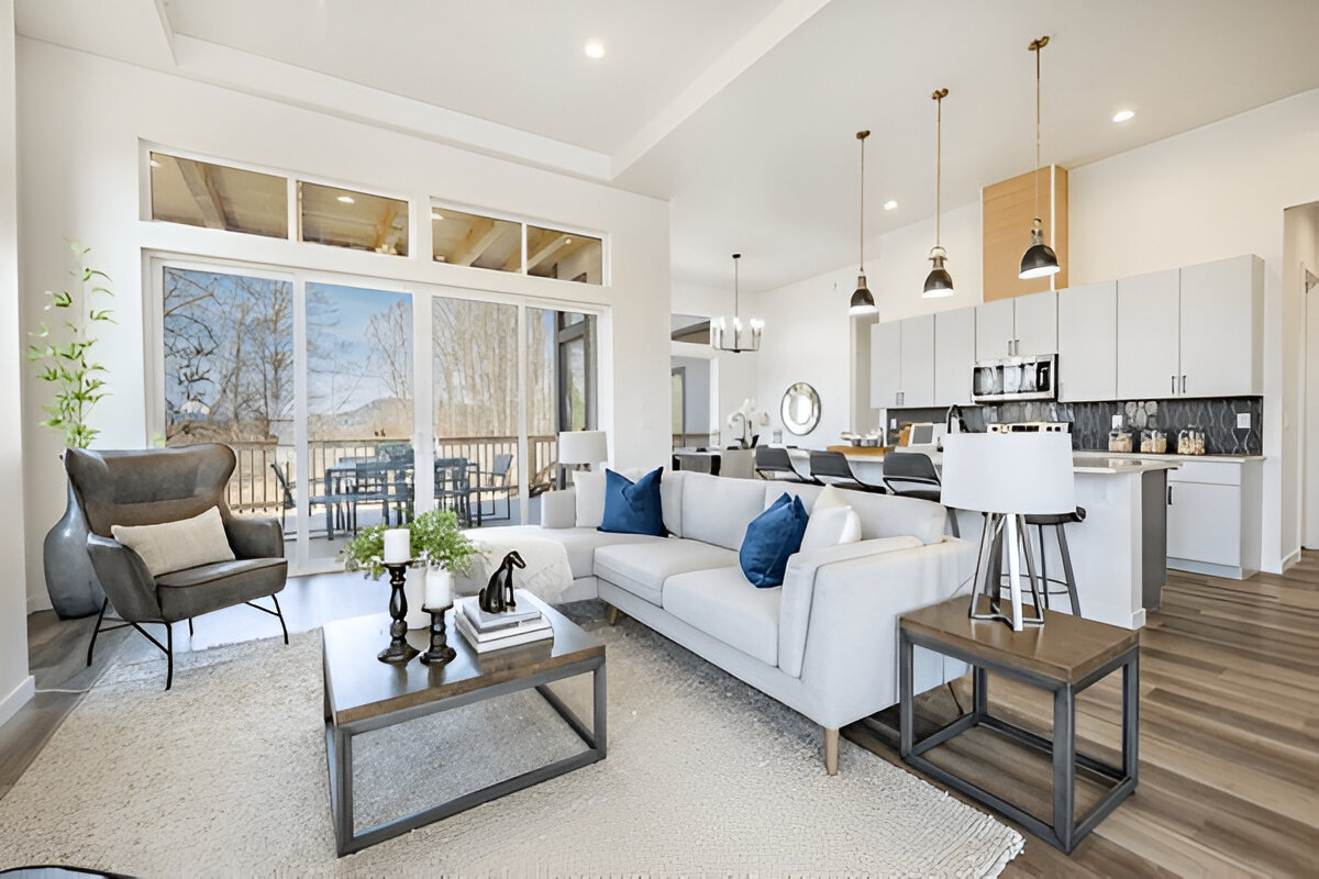 Bright open-concept living room and kitchen with modern decor