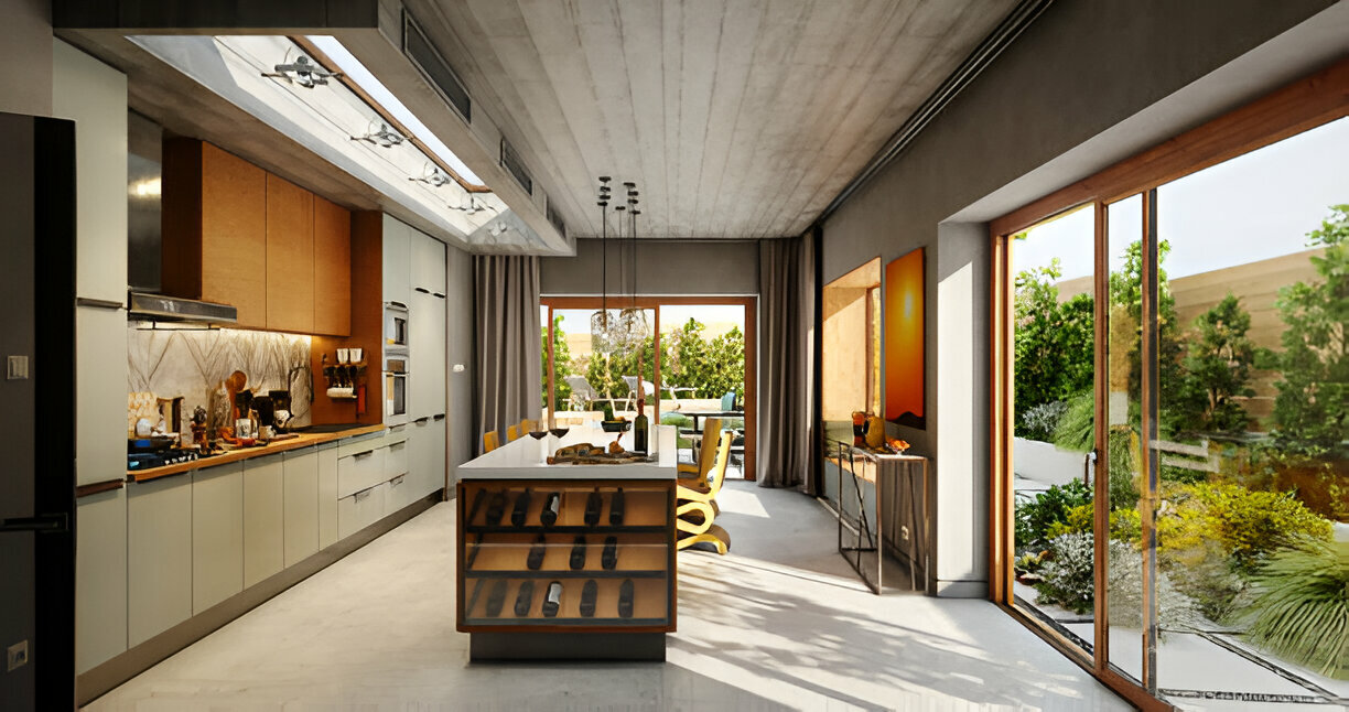 Contemporary kitchen with skylight and garden access