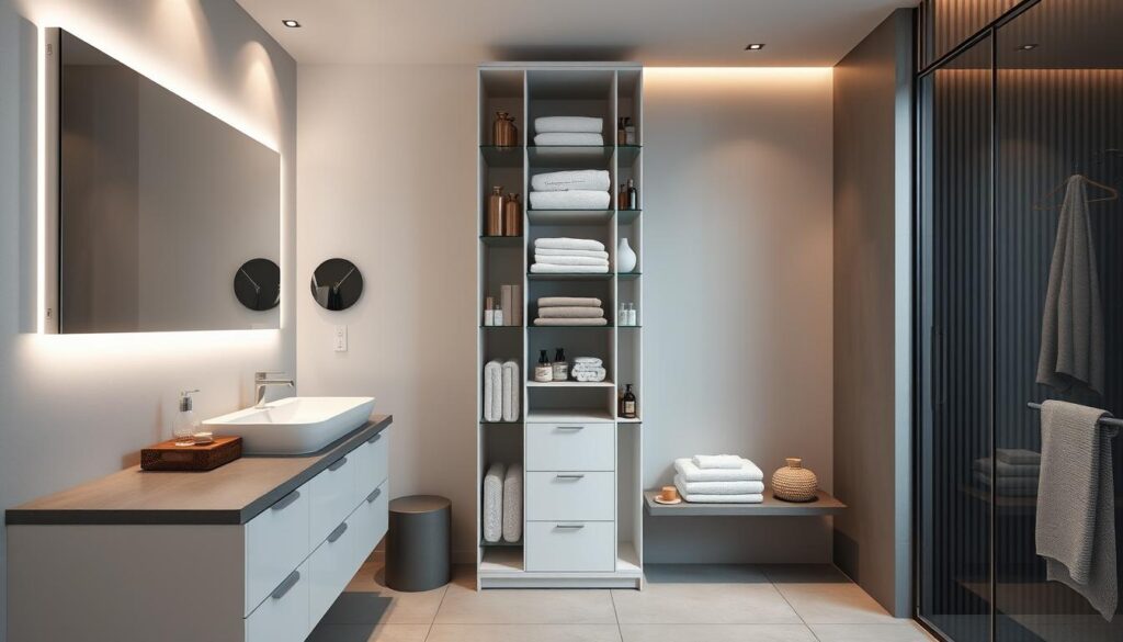 Smart Remodeling Solutions for Small Bathrooms 9 Stylish bathroom featuring vertical shelving unit, vessel sink vanity, LED mirror, and glass-enclosed shower