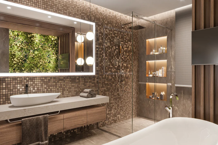 Smart Remodeling Solutions for Small Bathrooms 7 Contemporary bathroom featuring a mosaic tile wall, floating vanity with vessel sink, glass shower, LED mirror, and built-in shelves