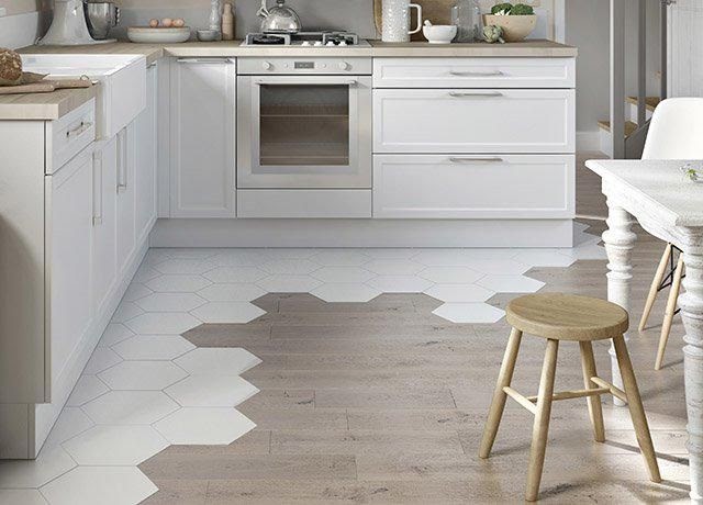Creative Kitchen Floor Ideas 7 Modern kitchen floor with a creative transition from hexagon white tiles to wood plank flooring