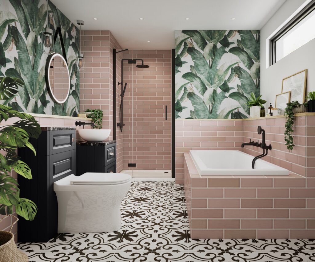 Custom Cabinetry Trends for Bathrooms to Watch in 2025 8 Bathroom with pink subway tile walls, tropical leaf wallpaper, patterned floor tiles, black fixtures, and freestanding bathtub