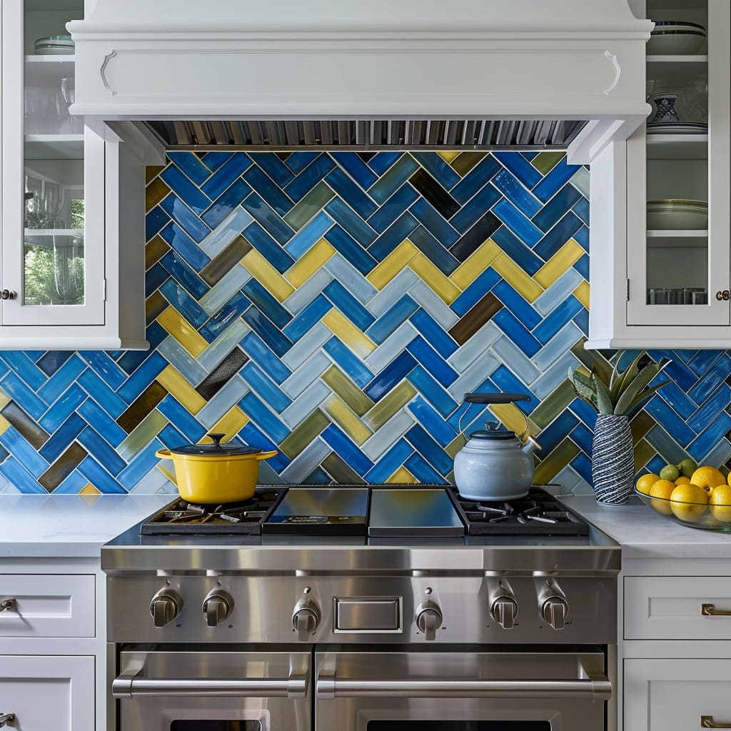 Modern Kitchen Backsplash Ideas in Alide, VA 11 Creative kitchen design featuring a vibrant blue, yellow, and green herringbone tile backsplash with stainless steel stove and white cabinetry