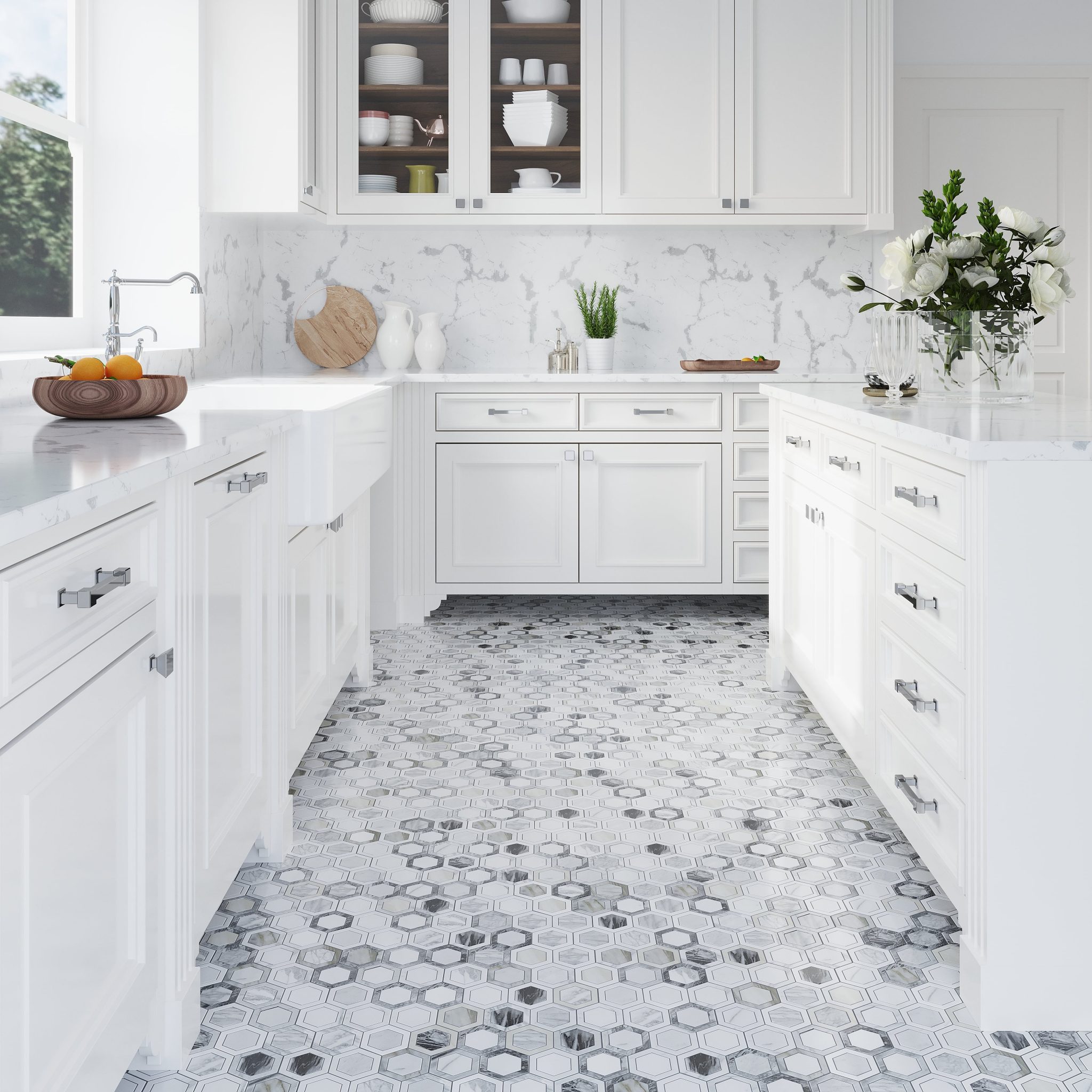 Bright white kitchen with marble countertops, hexagon-pattern marble tile flooring, and classic cabinetry.