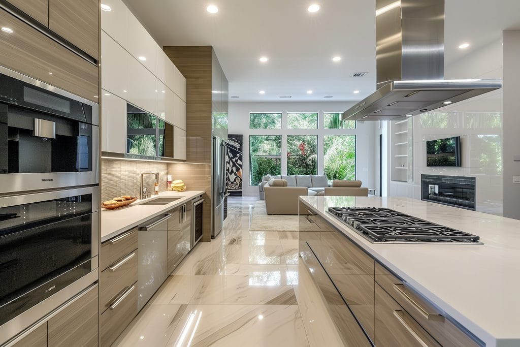 Creative Kitchen Floor Ideas 13 Sleek modern kitchen with high-tech appliances, glossy marble floor tiles, and a spacious open layout leading into a living area.
