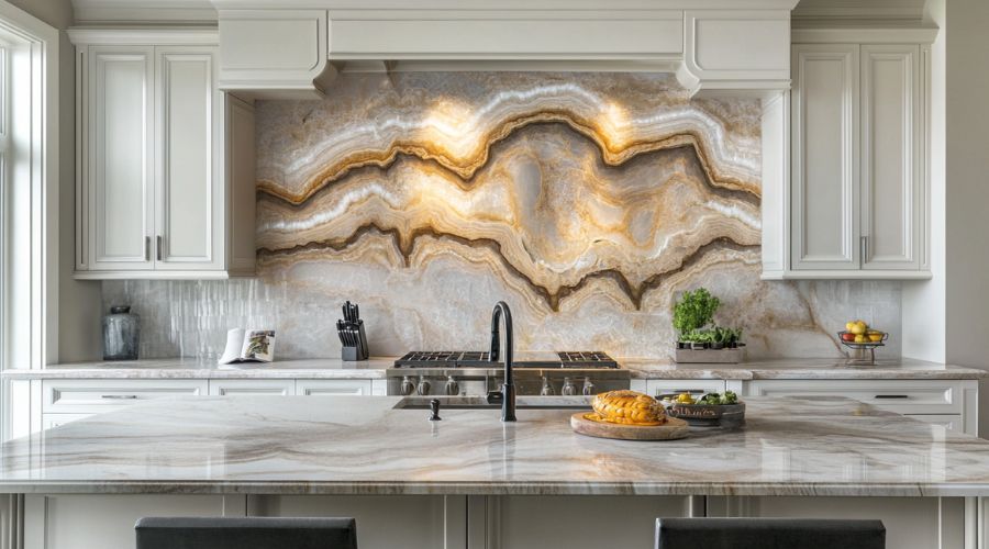 Modern Kitchen Backsplash Ideas in Alide, VA 10 Modern kitchen featuring a dramatic backlit onyx stone backsplash with warm golden veining and white cabinetry