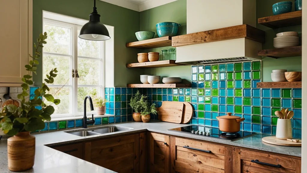 Modern Kitchen Backsplash Ideas in Alide, VA 12 Rustic-style kitchen featuring a green and blue square tile backsplash, wooden open shelves, natural wood cabinetry, and black fixtures