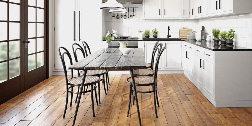 Best Kitchen Flooring Options 15 Sleek white modern kitchen with light wood cabinets, built-in appliances, and contemporary lighting