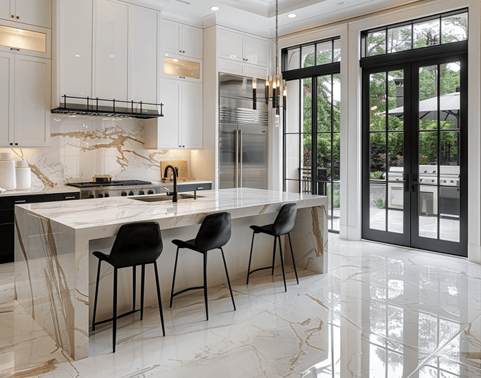 Modern luxury kitchen with a waterfall marble island, natural stone tile flooring, black chairs, and floor-to-ceiling windows.