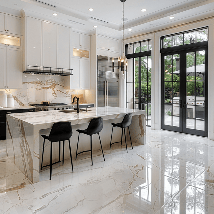 Top Kitchen Flooring Trends for 2025 10 Modern luxury kitchen with a waterfall marble island, natural stone tile flooring, black chairs, and floor-to-ceiling windows.