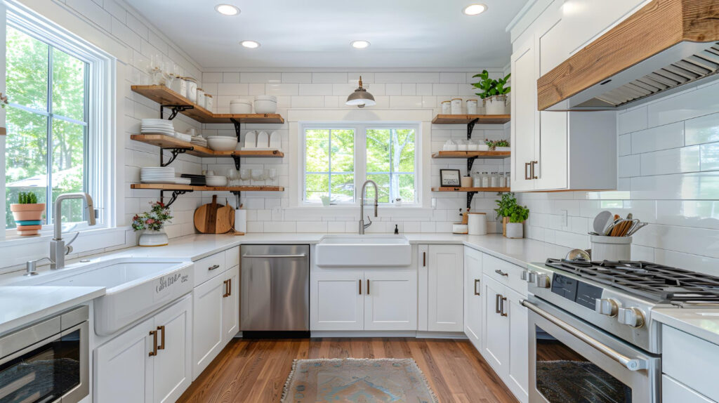 Modern farmhouse kitchen with white cabinets, wood open shelves, subway tile backsplash, and stainless steel appliances
