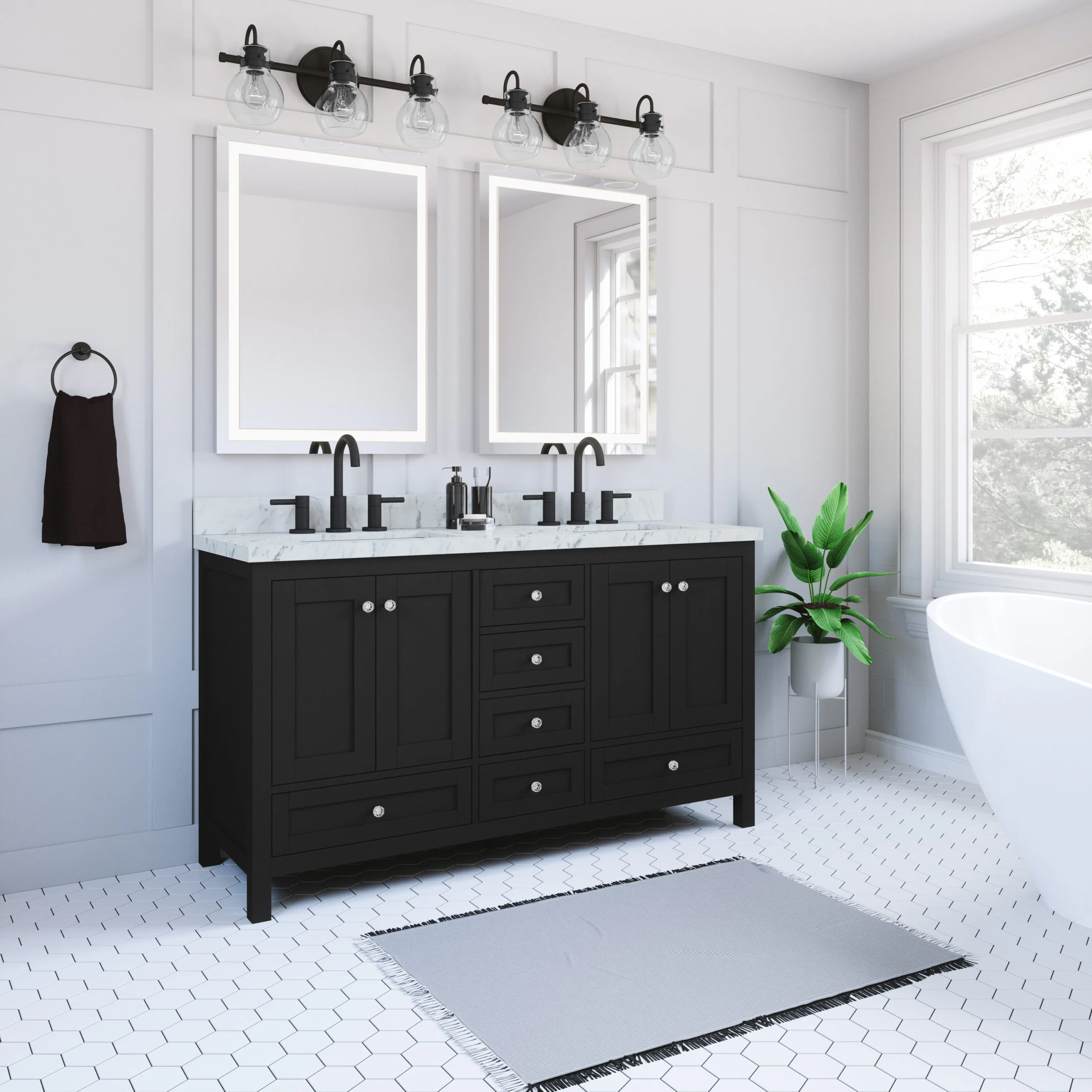 Elegant bathroom with a black double-sink vanity, backlit mirrors, and white hex tile flooring.
