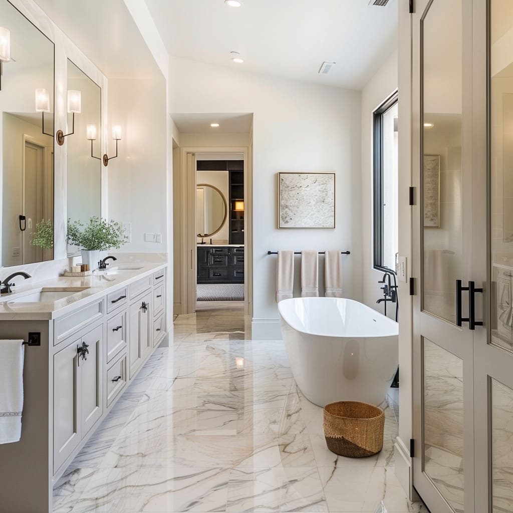 Elegant bathroom with freestanding tub and marble floors