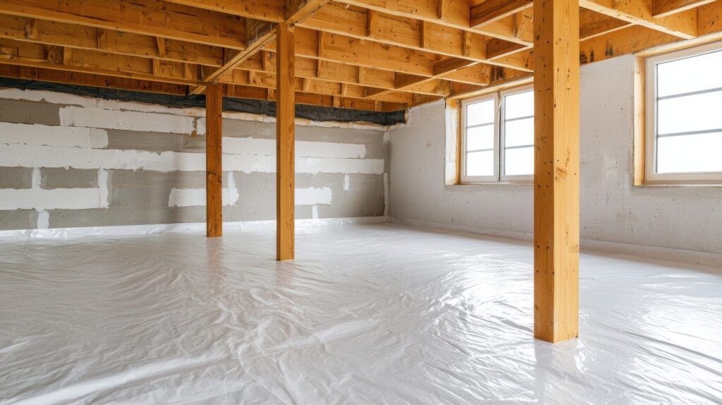 Crawl space featuring clean white vapor barrier on the floor, exposed wooden joists, and concrete walls with windows