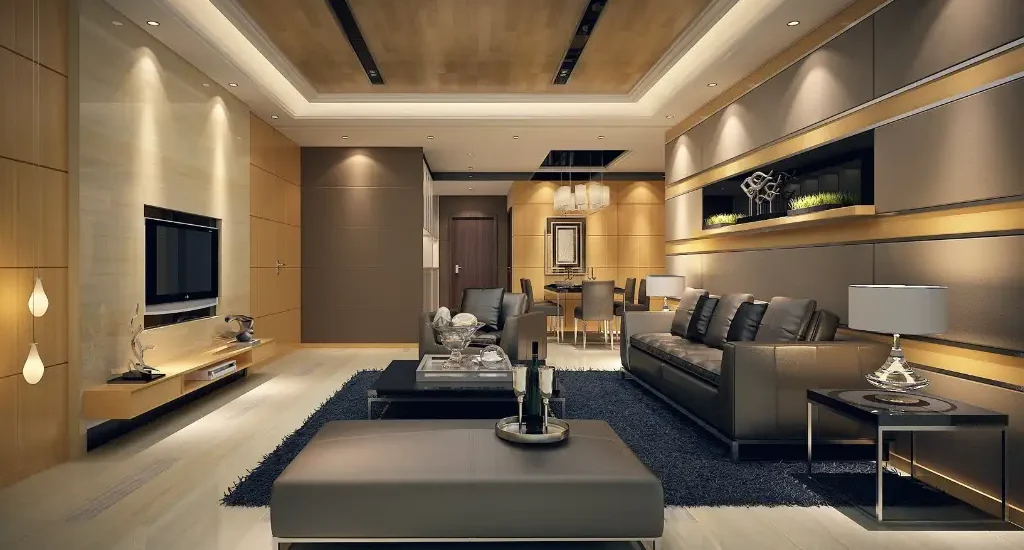 Luxurious modern living room with recessed lighting and elegant decor.