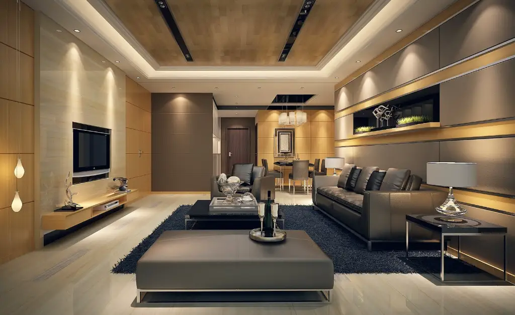 Luxurious modern living room with recessed lighting and elegant decor.