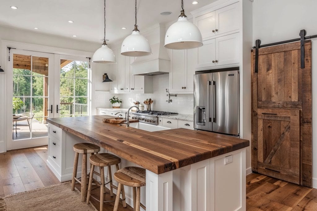 Bright modern kitchen with white cabinets, wooden island countertop, and sliding barn door