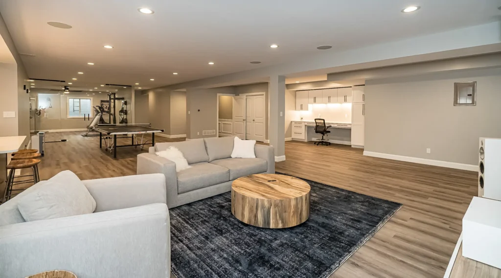 Large finished basement with gray sofas, wood coffee table, workout area, ping pong table, and built-in office desk