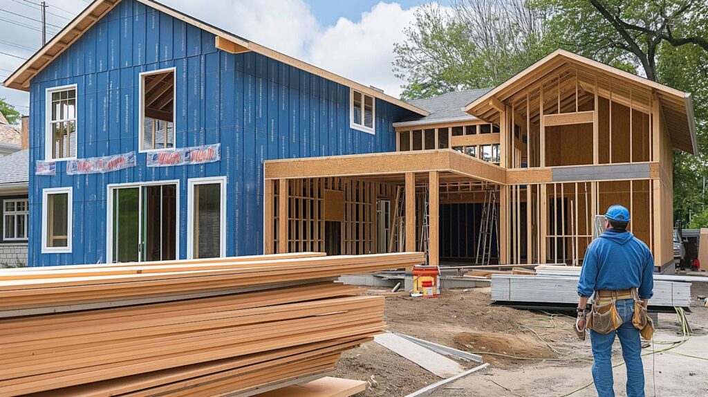 House addition in progress showing wood framing, blue sheathing, and a contractor observing the site