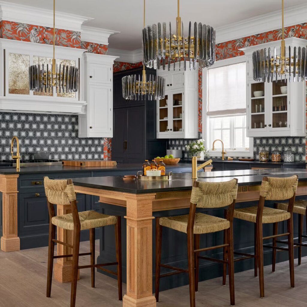 Modern kitchen island with elegant marble countertop and built-in sink