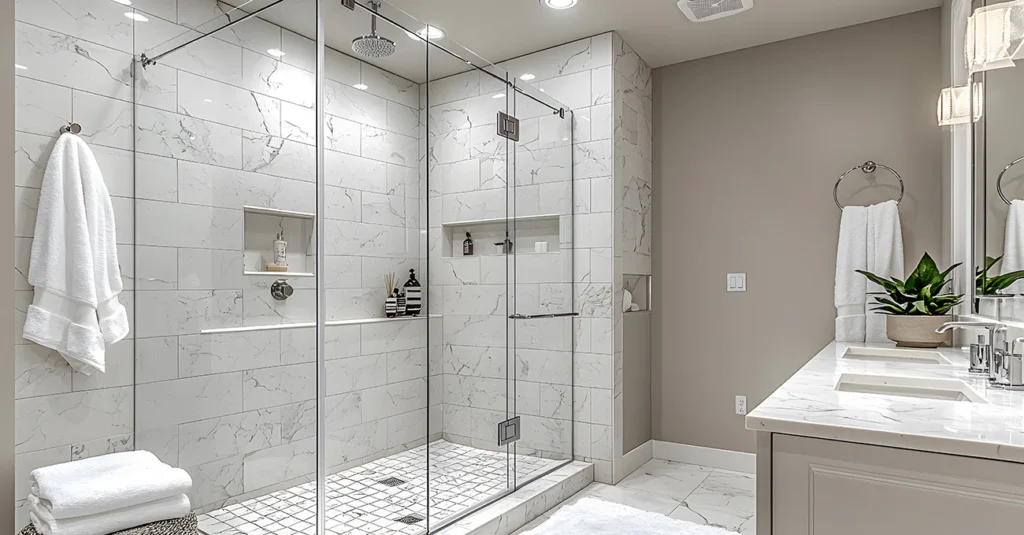 Elegant bathroom with a marble-tiled frameless glass shower, double vanity, and modern decor.
