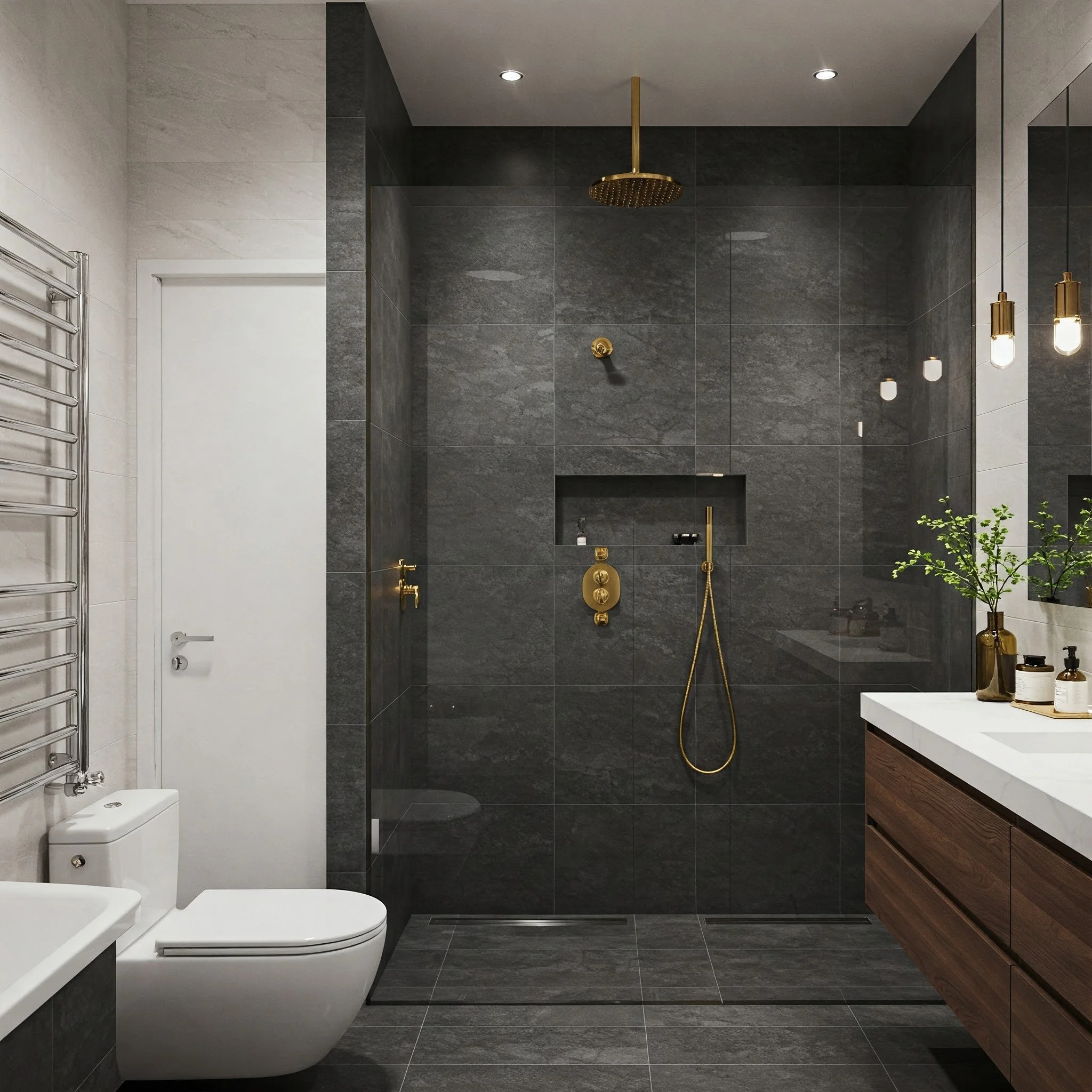 Modern bathroom with dark gray tiles, gold shower fixtures, and wooden vanity.