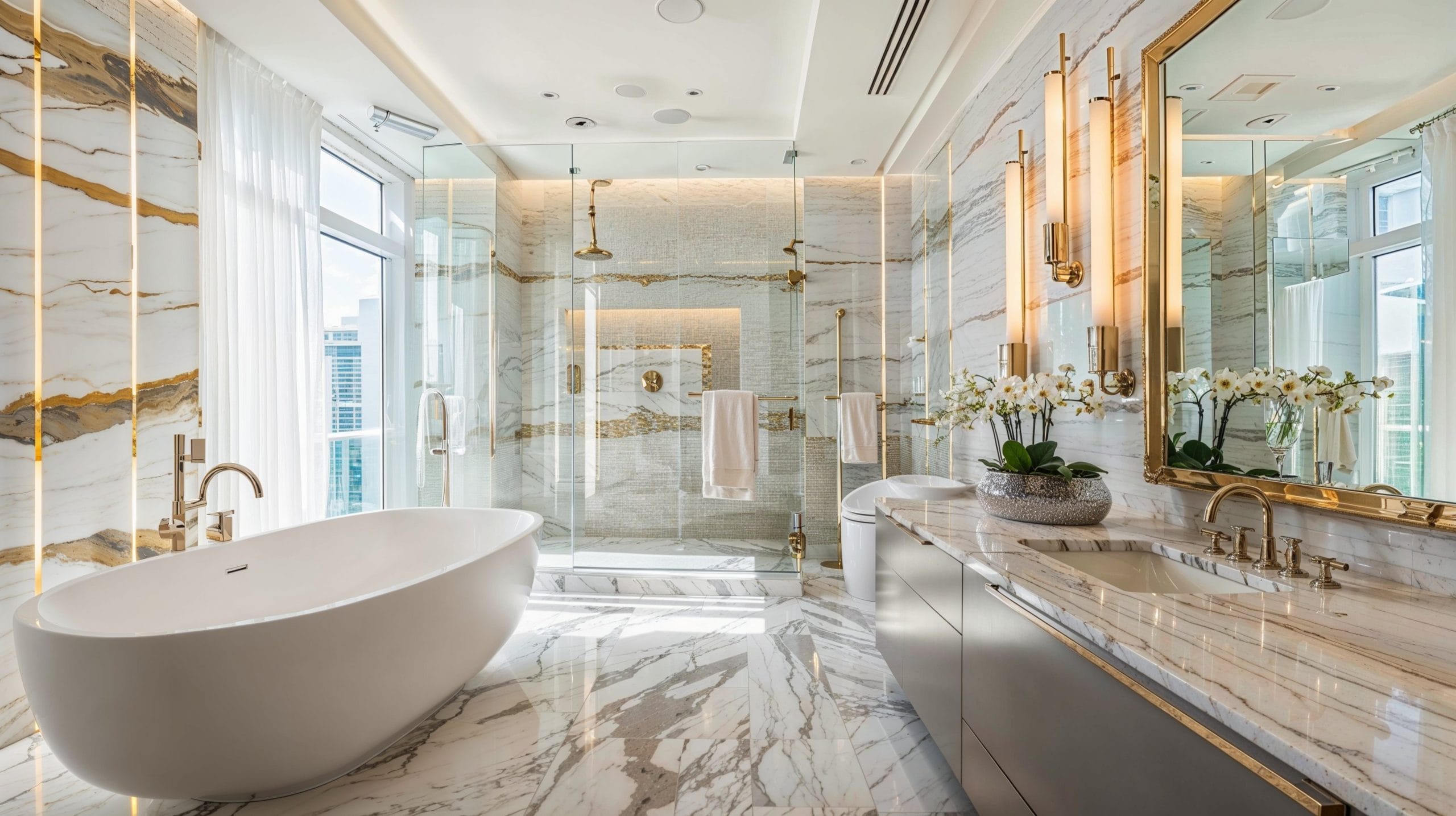 Luxurious bathroom with freestanding oval tub, marble surfaces, and gold fixtures.