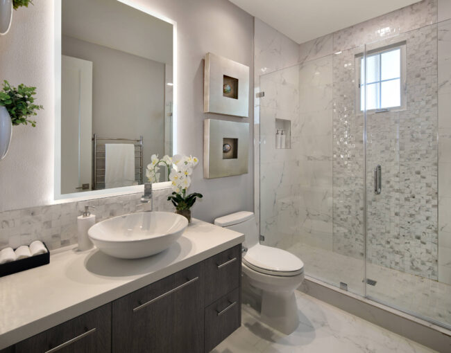 Contemporary bathroom with lighted vanity mirror, vessel sink, and glass-enclosed shower.