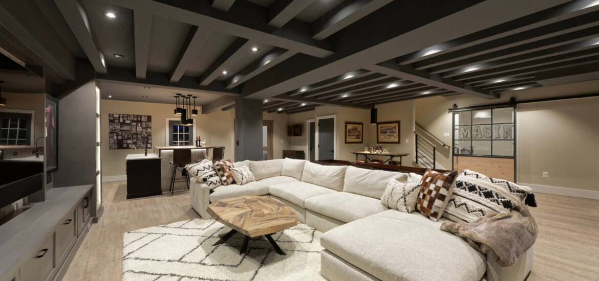 Finished basement family room with fireplace design