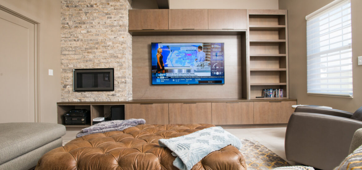 Basement living room with stone accent wall and modern shelving