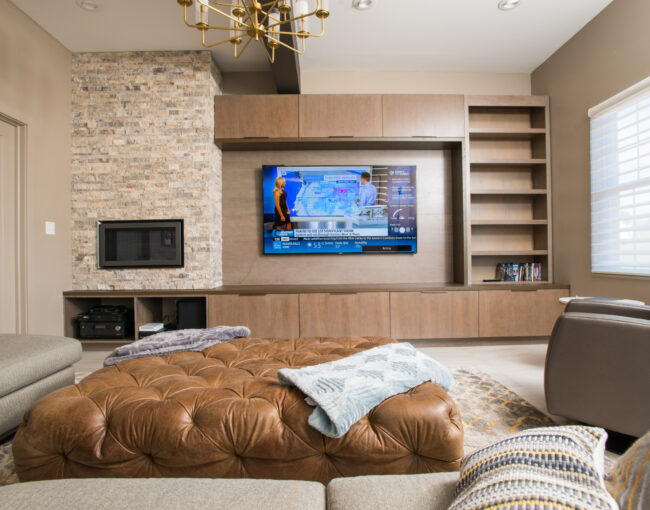 Basement living room with stone accent wall and modern shelving