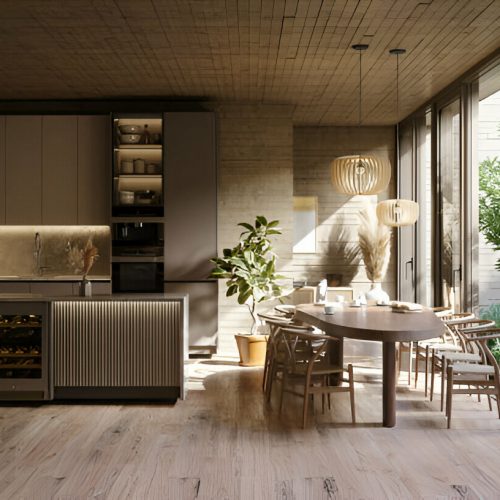 Modern kitchen with natural wood finishes and large glass doors