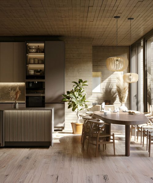 Modern kitchen with natural wood finishes and large glass doors
